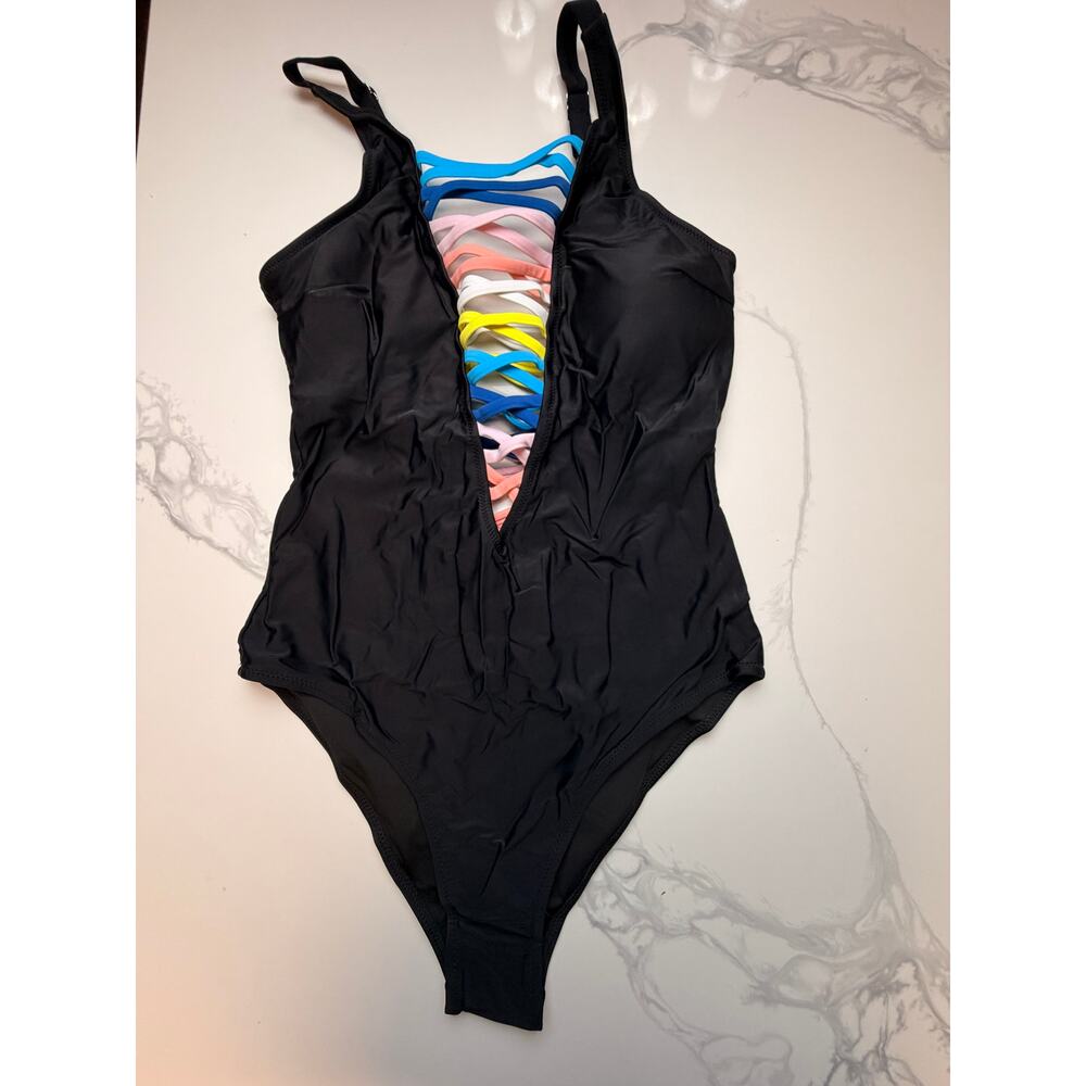 NWT Black Rainbow Lace-Up One Piece Large